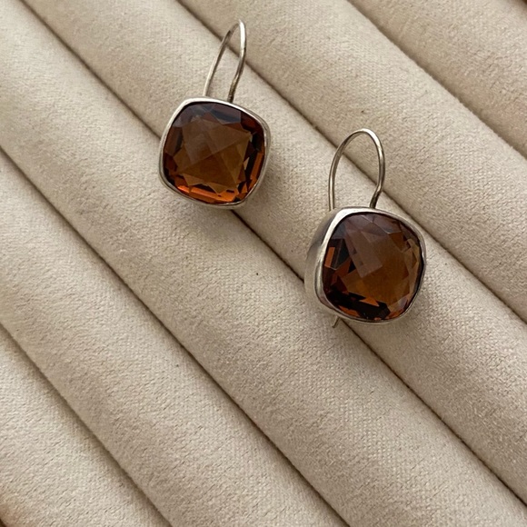 Vintage 925 Sterling Silver Amber Cushion Drop Wire Hook Earrings - Picture 2 of 12